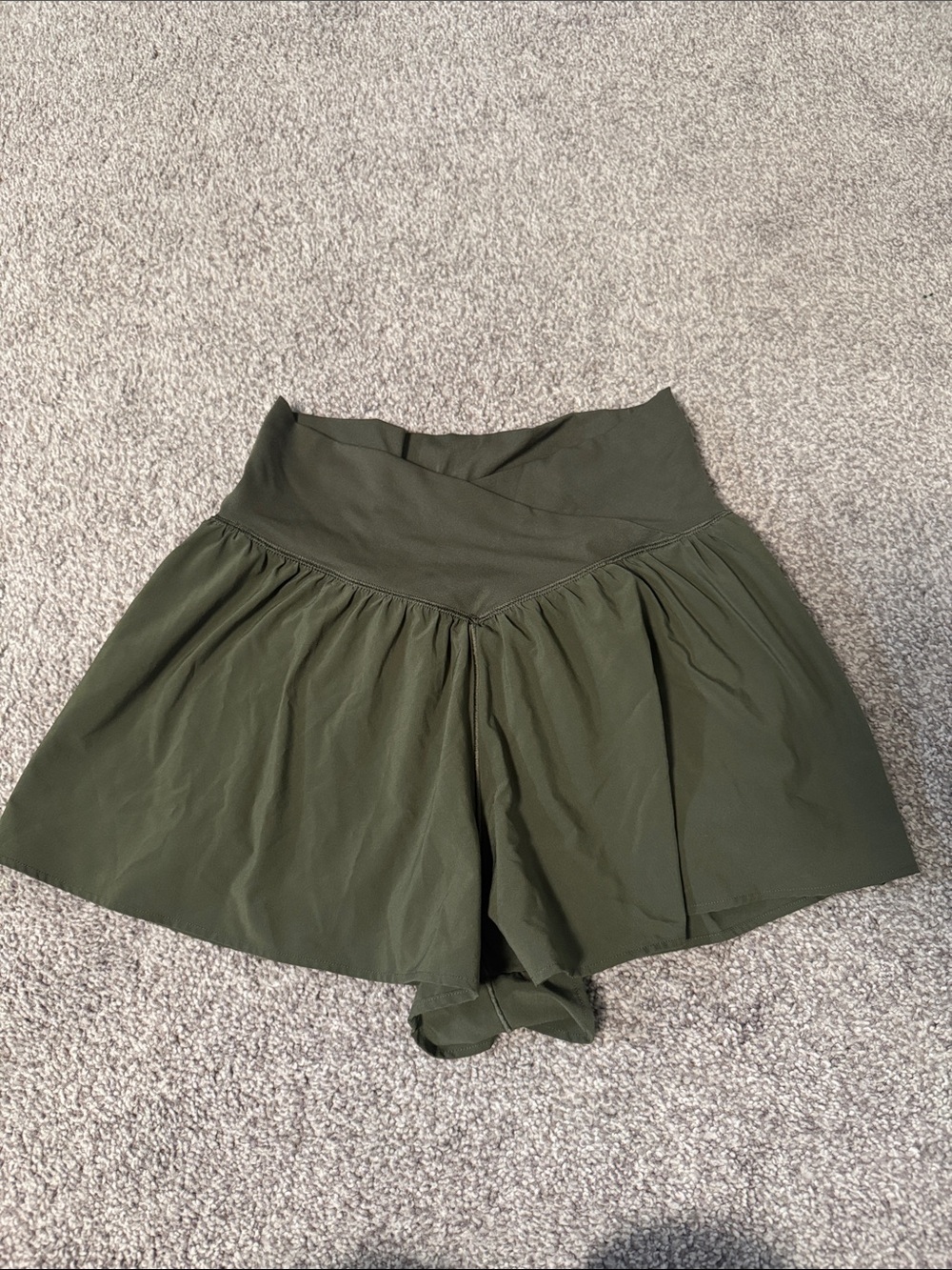 aerie Olive Green High-Waist Athletic Shorts with Crossover Waistband